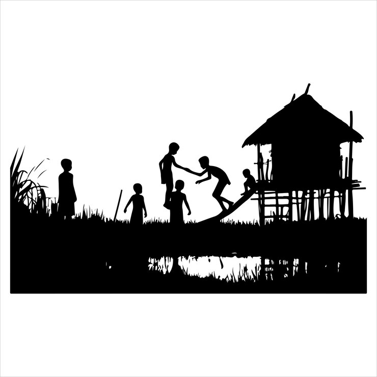 Vector siluet anak-anak bermain di pedesaan kegembiraan kehidupan pedesaan warna hitam vektor