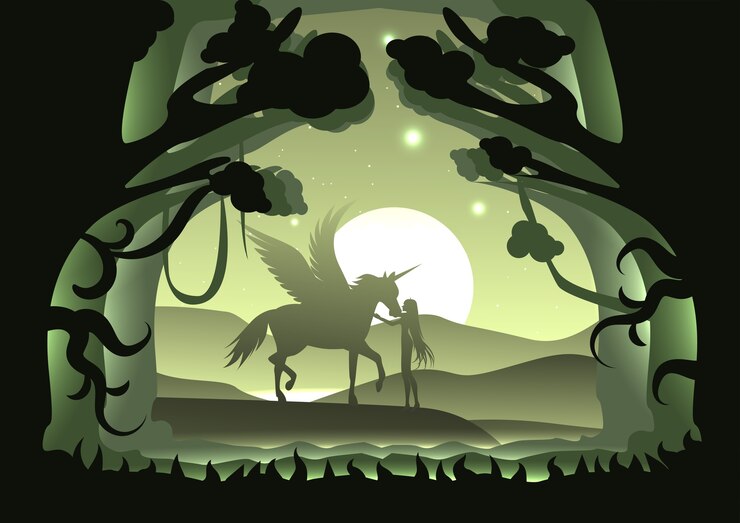 Vector siluet unicorn, pegasus, dan wanita di hutan dengan bulan dan gunung di pemandangan malam hari.