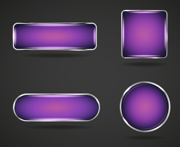 Silver purple gradient website button set. Round square glossy frame