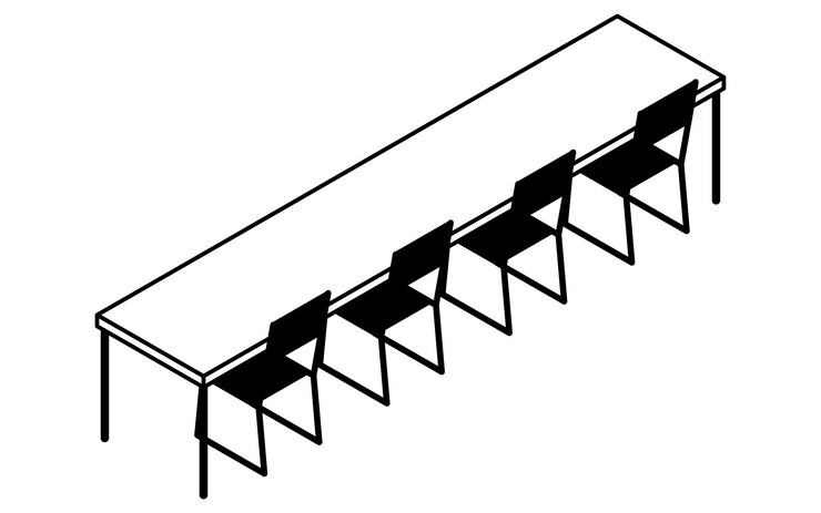 Vector simple and cute isometric line art illustration of a long desk and pipe chair