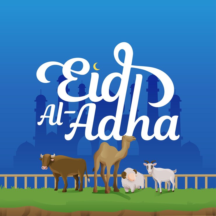 Vector simple eid al adha calligraphy banner with sacrifice animal and mosque background