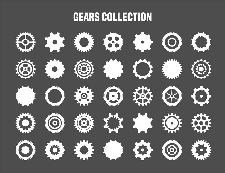 Simple gear icons Wheels set on black background Vector white cogwheels collection