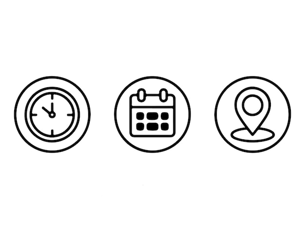 Simple icons for time date and location for a digital interface