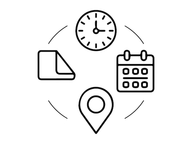 simple icons for time date and location for a digital interface