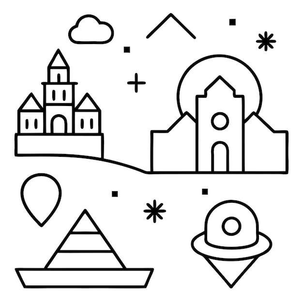 Simple line art icons representing various travel