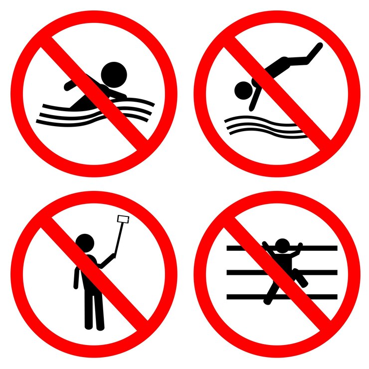 Simple Set 4 Vector prohibition sign for no swim jump self portrait and climb