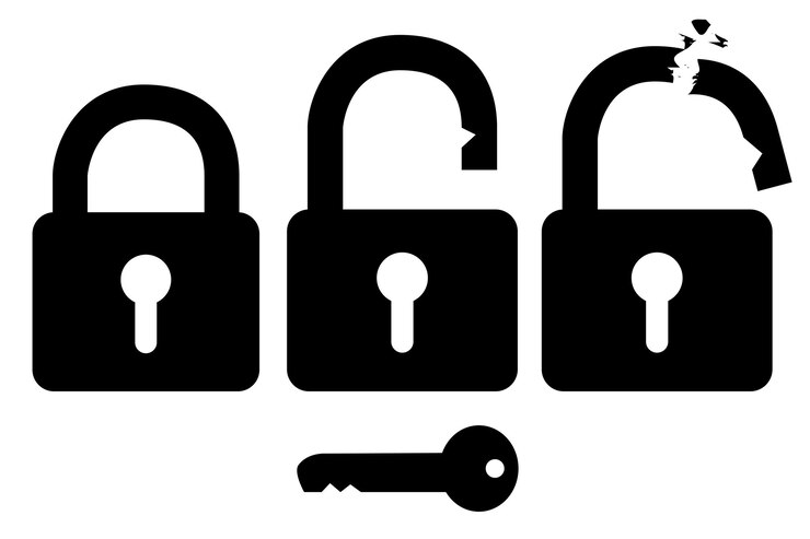 Simple Vector Silhouette Padlock, Locked, Opened and Broken, isolated on white