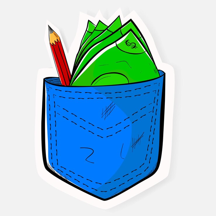 Simple Vector Sketch and paper cut style dollar money and pencil at blue jeans back Pocket with soft shadow