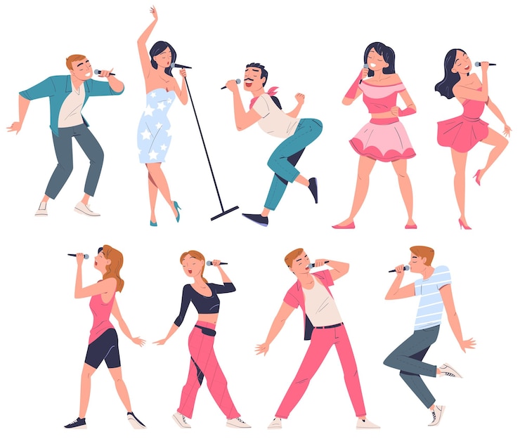 Vector singers performing with microphones set young men and women singing song and dancing cartoon vector