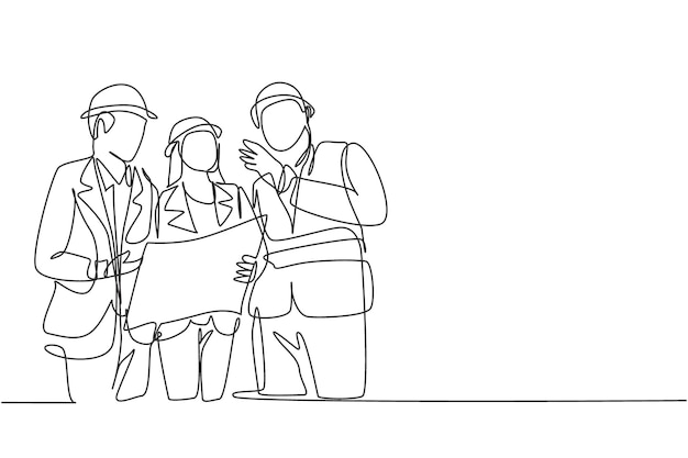 Single continuous line drawing architect discussing construction design with foreman manager vector