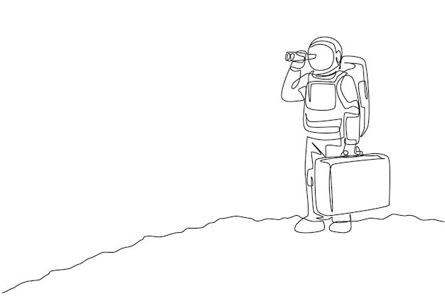 single continuous line drawing astronaut holding suitcase and looking with binocular in moon surface
