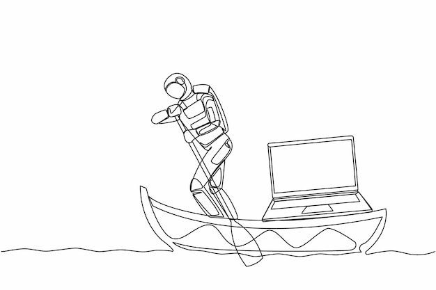 single continuous line drawing astronaut sailing away on boat with laptop computer design vector