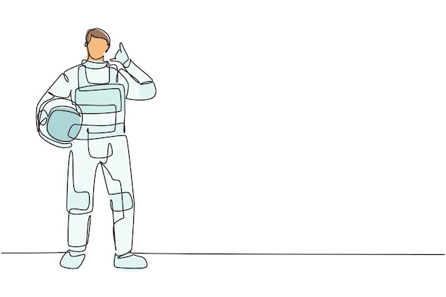 Single continuous line drawing astronaut with call me gesture wearing space suit exploring earth
