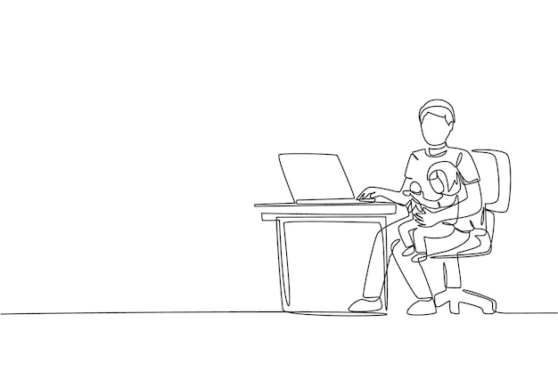 Single continuous line drawing dad siting on sofa and holding his daughter while typing on laptop