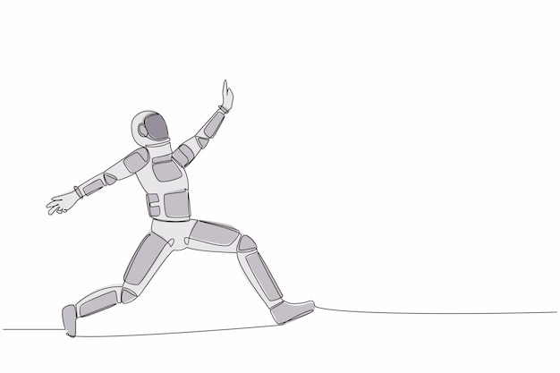 Single continuous line drawing happy astronaut jumping with spread both leg and raise one hand
