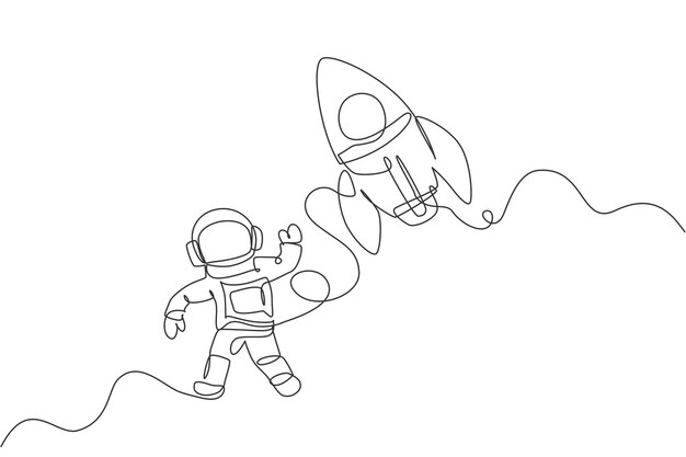 Single continuous line drawing of astronaut in spacesuit flying at outer space with rocket vector