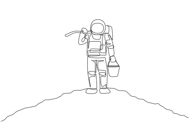 single continuous line drawing of cosmonaut carrying bucket and hoe on shoulder in moon vector