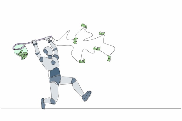 Single continuous line drawing robot trying to catch flying money with butterfly net design vector