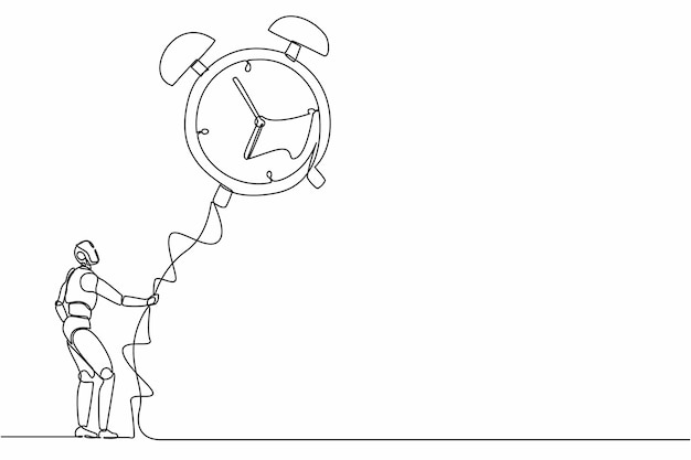Single continuous line drawing robots holding flying big alarm clock balloons with rope illustration