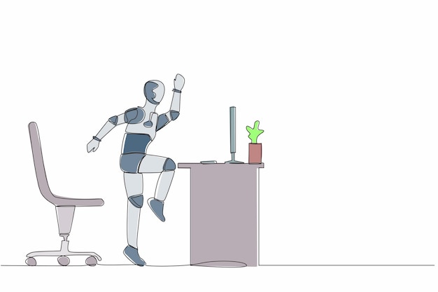 Single continuous line happy robot jumping and dancing on his workplace computer desk Celebrating
