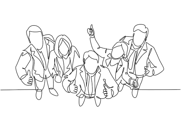 Single line drawing group businessmen and businesswoman standing up together giving thumbs up vector
