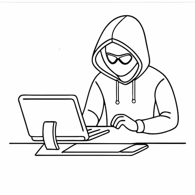 single line drawing of a computer hacker stereotype in a line art vector illustration 22