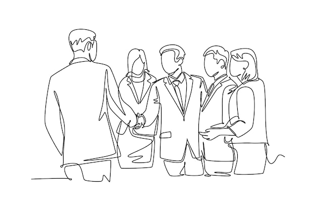 Single one line drawing business man handshake his colleague to deal a big project Successful business meeting or cooperation concept Modern continuous line draw design graphic vector illustration