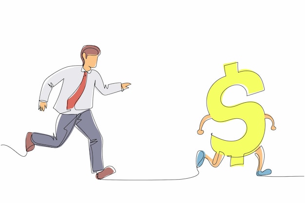 Single one line drawing businessman chasing dollar symbol trying to catch it return his money