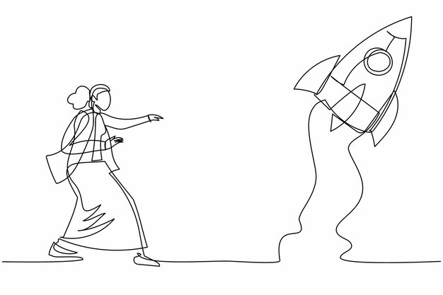 Single one line drawing businesswoman run chasing try to catch flying rocket Competitive advantage