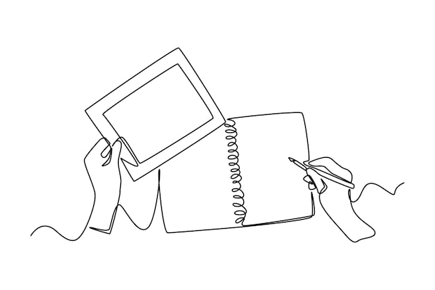 single one line drawing hands holding pen writing letter on paper filling diary and planners event planner concept continuous line draw design graphic vector illustration