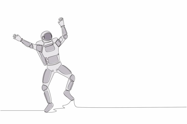 Single one line drawing happy astronaut jumping with both hands raised Successful in launching