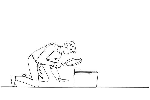 Single one line drawing of businessman holding magnifying glass highlighting the folder icon vector