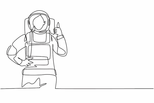 Single one line drawing of female astronauts with a thumbsup gesture wearing spacesuits to explore