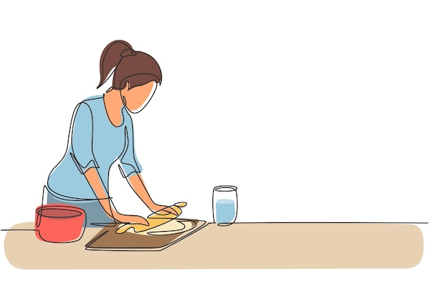 Single one line drawing of young woman making cookie dough using rolling pin bakery homemade vector