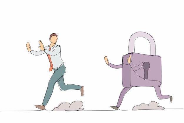 Single one line drawing stressed businessman being chased by padlock Worker running for business