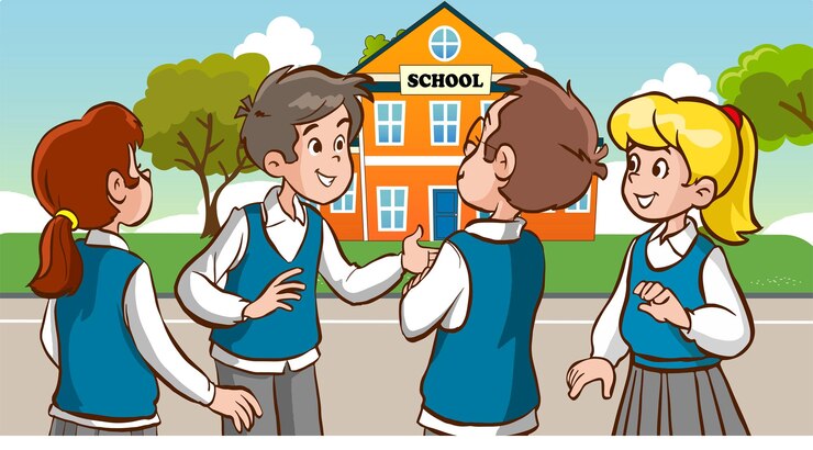 Vector siswa berbicara satu sama lain di sekolah, vektor kartun