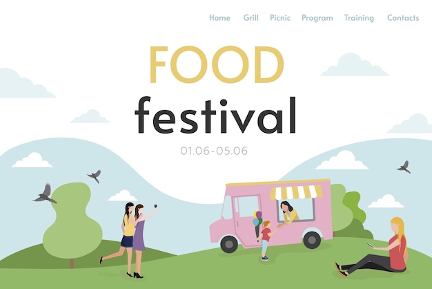 site header weekend people are resting at the food festival vector