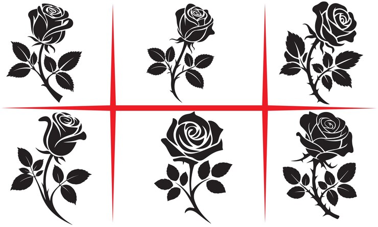 Vector six black rose silhouettes elegant rose stem silhouette vector