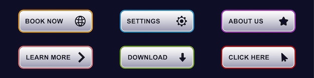 six buttons with icons for booking settings about learning downloading and clicking actions