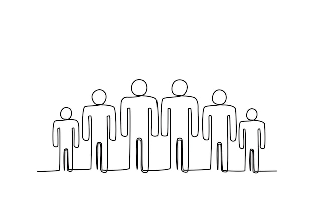 Six humans standing side by side World population day oneline drawing