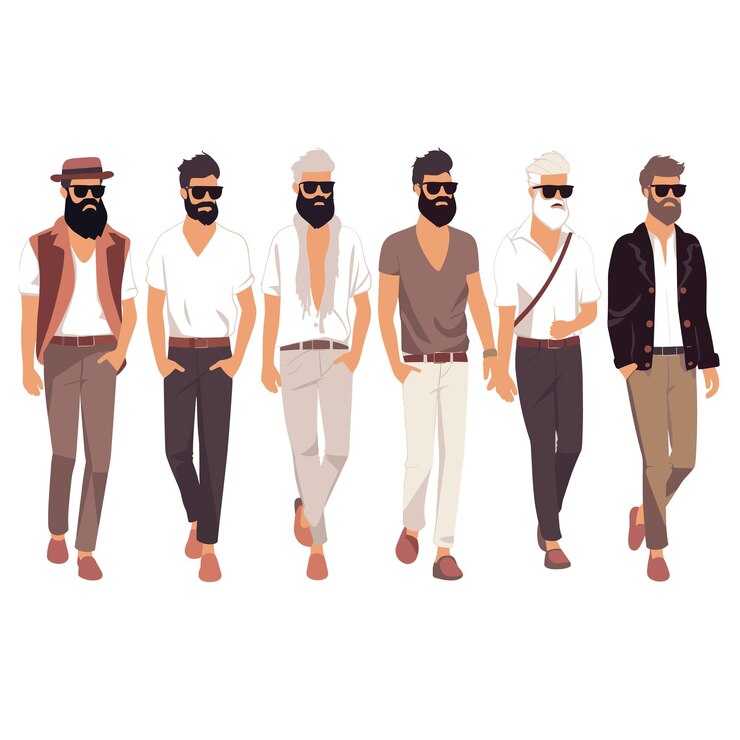 Vector six stylish men walking casually modern male fashion different outfits looks fashionable mens