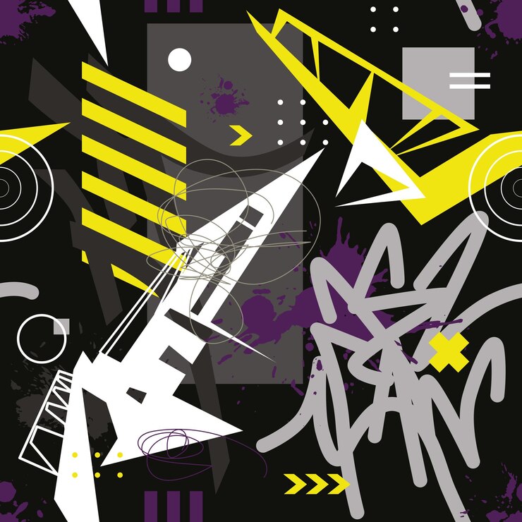 Skate Seamless Pattern Graffiti Freeride Abstraction Black Yellow Purple White Gray Vector Editable