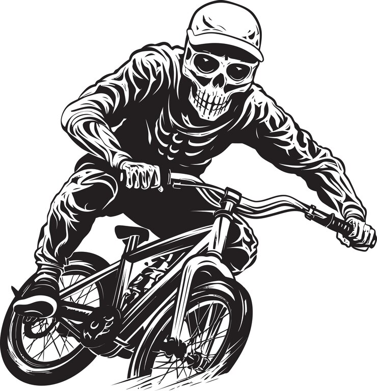 Vector skeletal stunts skeleton bmx rider black icon design rad remains skeleton on bmx cycle black logo