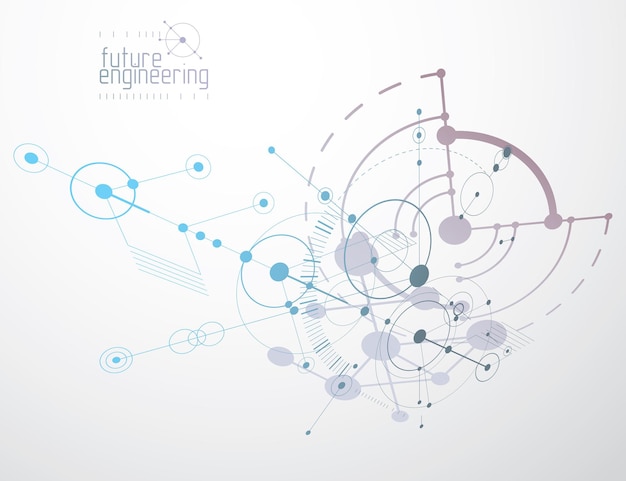 Skema mekanis, gambar teknik vektor dengan lingkaran dan bagian geometris dari mekanisme. Rencana teknis dapat digunakan dalam desain web dan sebagai wallpaper atau latar belakang.