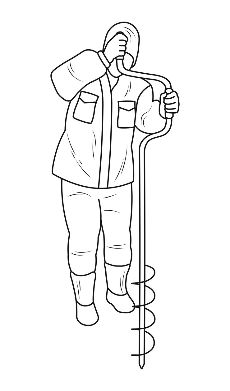 Sketch of a silhouette of a fisherman with an ice screw in his hands winter fishing