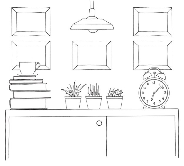 sketch of the interior a table a bedside table a shelf with various interior items can be used as a mock up