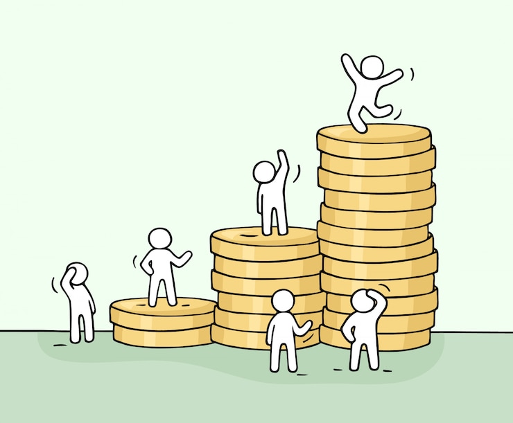 Vector sketch of working little people with stack of coins.