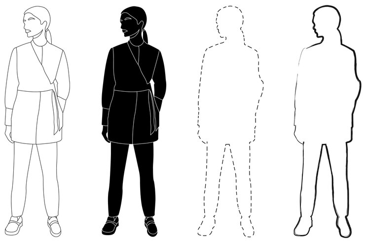 Sketch outline of the silhouette of a girl in a fashionable suit standing Doodle line drawing