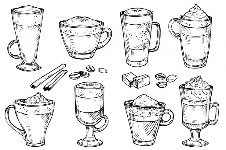 Vector sketch set of coffee kind menu drinking cup.