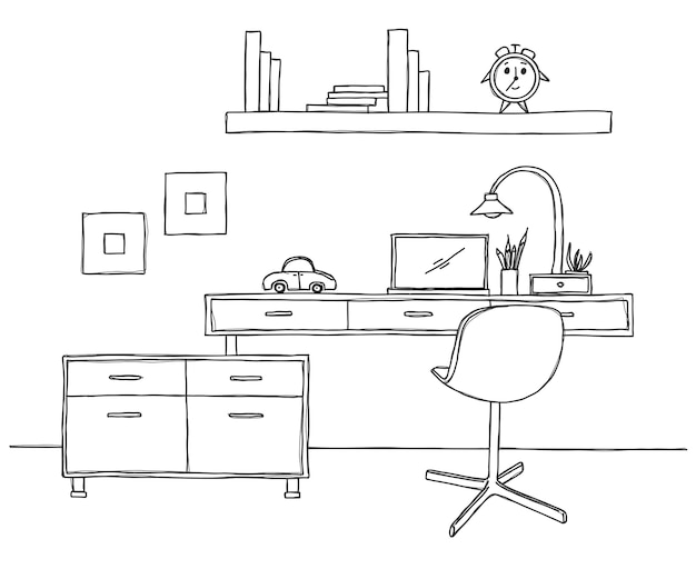 sketch the room. office chair, desk, various objects on the table. sketch workspace.  illustration